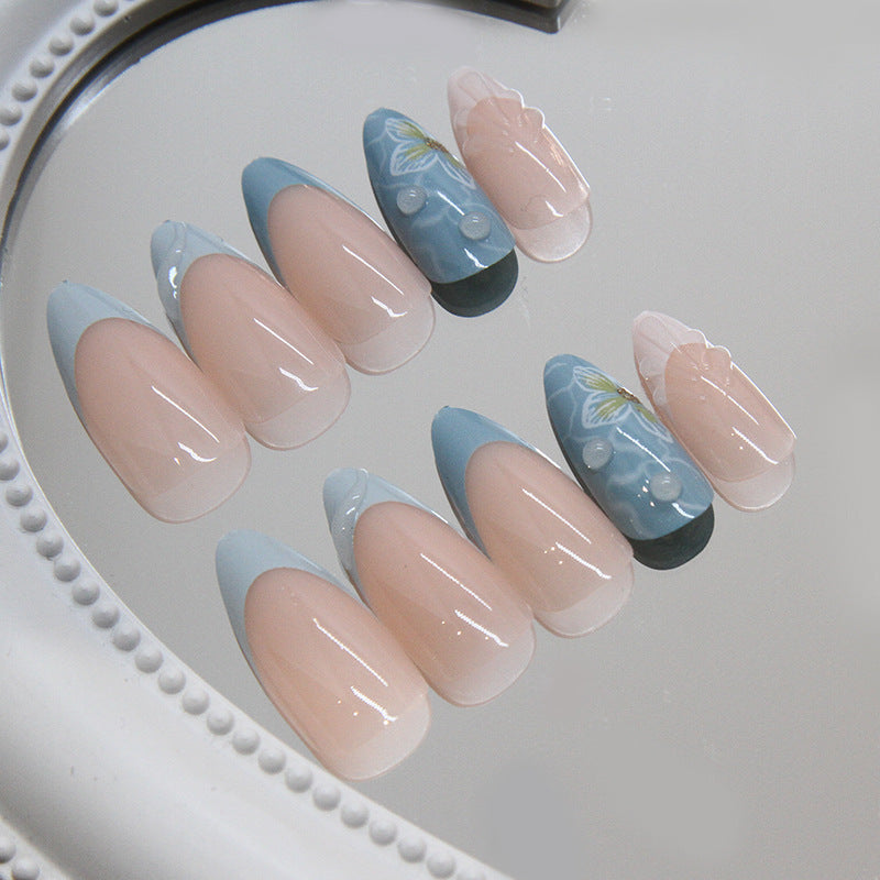 Spring Bloom Elegant Medium Almond Press On Nail Set in Pastel Blue and Pink with Floral Design and Unique Gem Accents