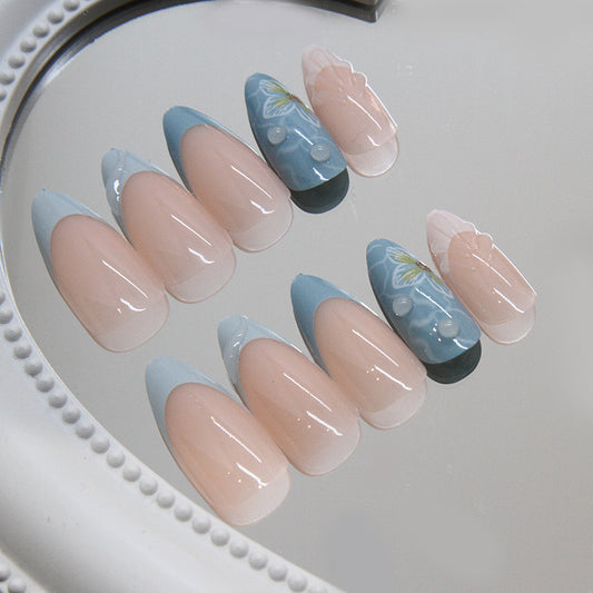 Spring Bloom Elegant Medium Almond Press On Nail Set in Pastel Blue and Pink with Floral Design and Unique Gem Accents