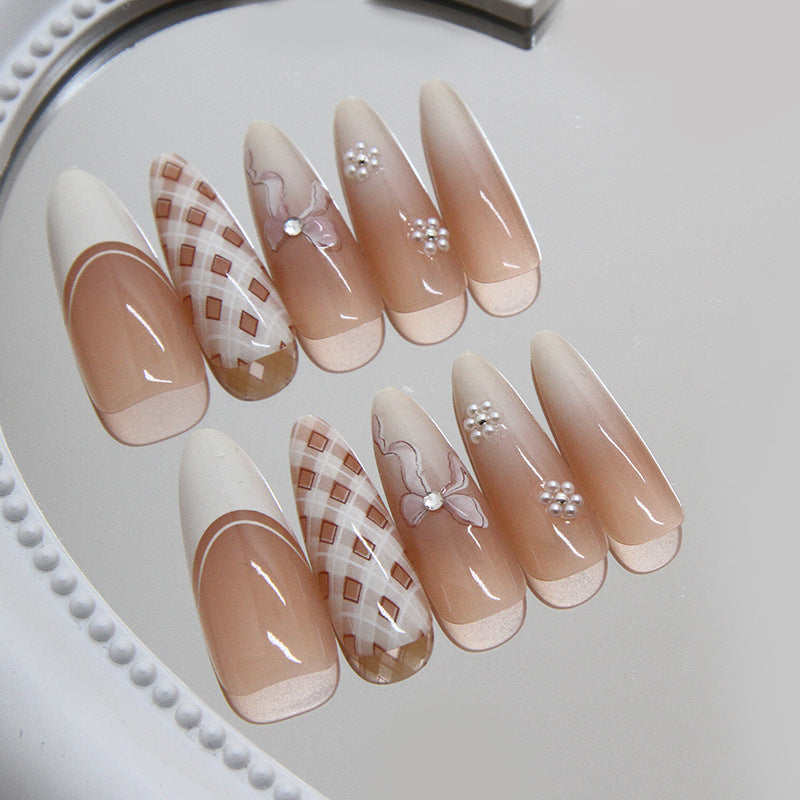 Delicate Dream Press On Nail Set Long Almond Shaped Blush Pink with Floral and Pearl Accents