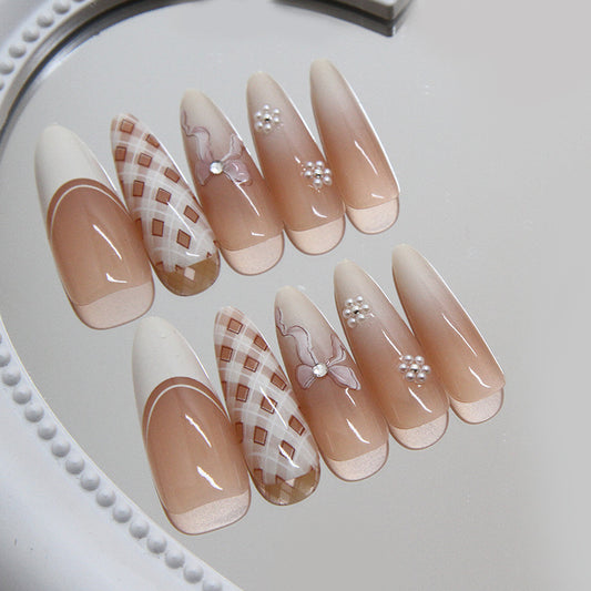 Delicate Dream Press On Nail Set Long Almond Shaped Blush Pink with Floral and Pearl Accents
