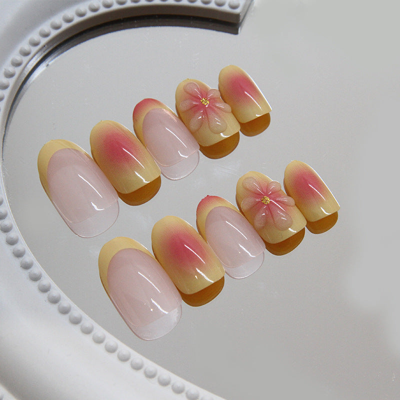 Spring Blossom Medium Almond Pink and Yellow Ombre Press On Nail Set with Flower Accent