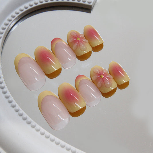 Spring Blossom Medium Almond Pink and Yellow Ombre Press On Nail Set with Flower Accent