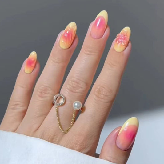 Sunset Dream Medium Oval gradient pink and yellow press on nail set with 3D floral embellishments