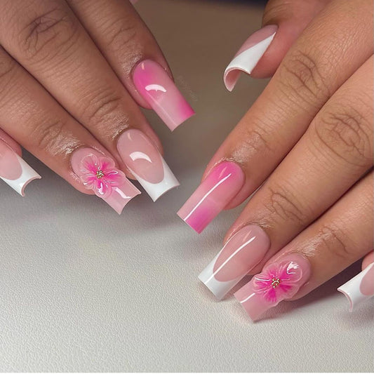 Blossom Breeze Long Square Pink Ombre Press On Nail Set with Floral Accent Design