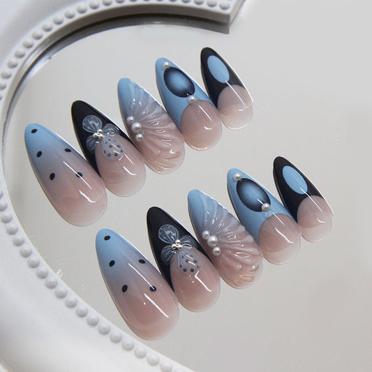 Whimsical Ocean Dreams Long Almond Blue and Pink Press On Nail Set with Pearl Accents and Artistic Designs