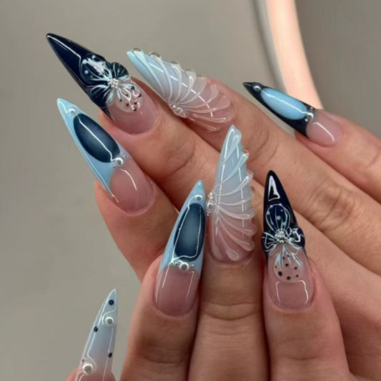 Ocean Dream Long Stiletto Blue and Clear Press On Nail Set with Butterfly Designs and Unique 3D Effects