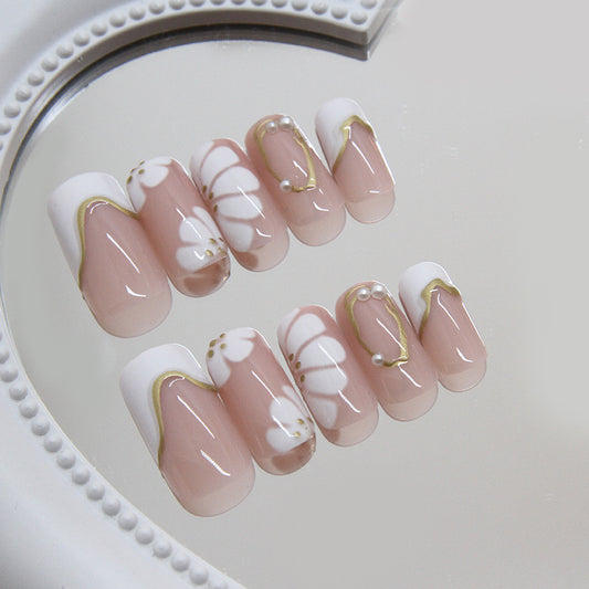 Floral Elegance Long Square Beige and White Press On Nails with Gold Accents and Pearl Detail