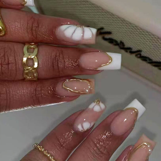Tropical Oasis Long Square White and Beige Press On Nail Set with Elegant Gold Accents