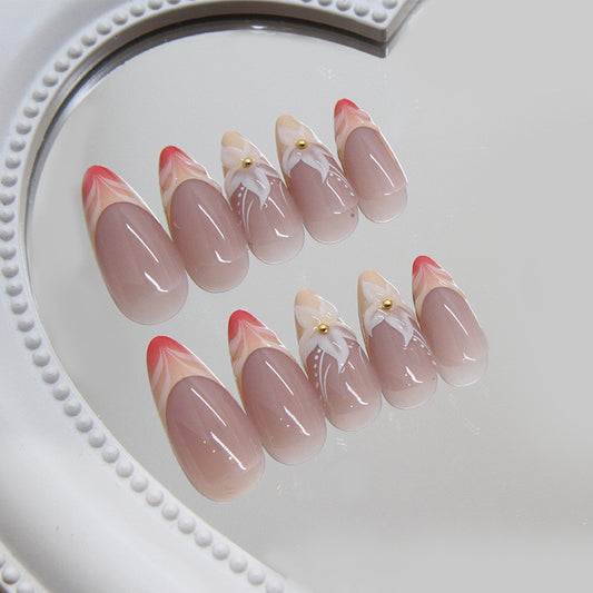 Elegant Blossom Long Almond Pink Ombre Press On Nail Set with Floral Accents and Gold Detail