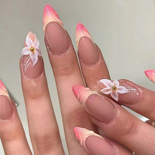 Floral Fantasy Long Almond Pink Ombre Press On Nail Set with Exquisite Flower Details