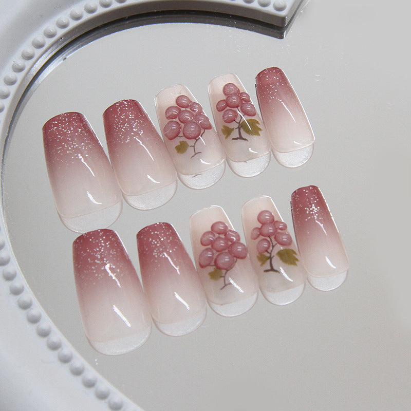 Grapevine Delight Long Coffin Pink Ombre Press On Nail Set with Floral Design
