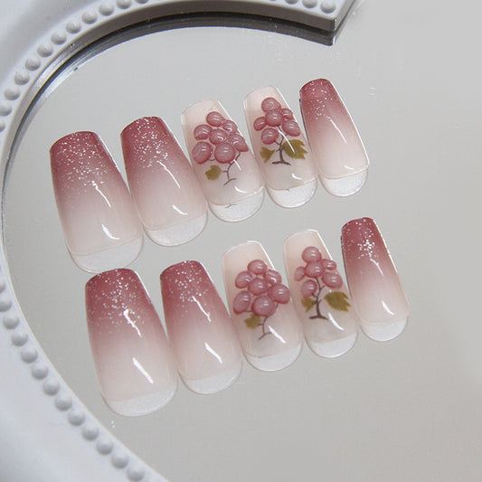 Grapevine Delight Long Coffin Pink Ombre Press On Nail Set with Floral Design