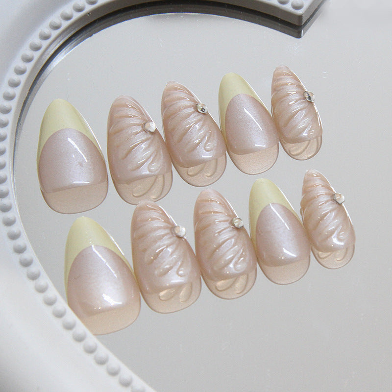 Chic Seashell Inspired Long Almond Beige and Yellow Press On Nail Set with Rhinestone Accent