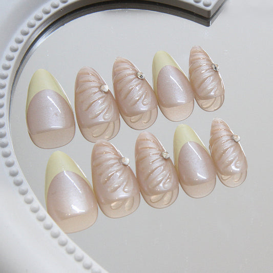 Chic Seashell Inspired Long Almond Beige and Yellow Press On Nail Set with Rhinestone Accent