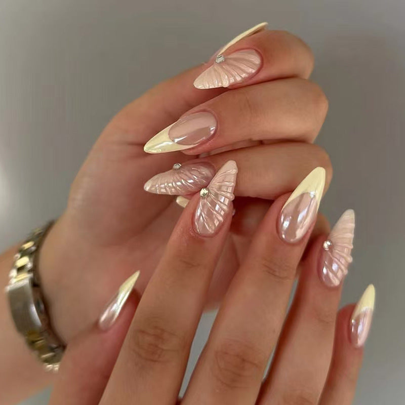 Beach Bliss Long Almond Pink and White Press On Nail Set with Seashell Design and Rhinestone Accents