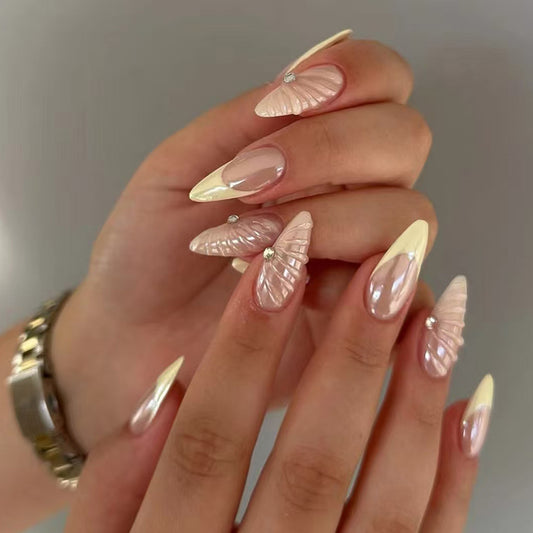 Beach Bliss Long Almond Pink and White Press On Nail Set with Seashell Design and Rhinestone Accents