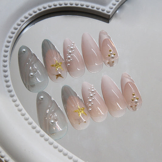Celestial Dream Press On Nail Set Long Pointed Clear and Beige Pearls with Gold Star Accents