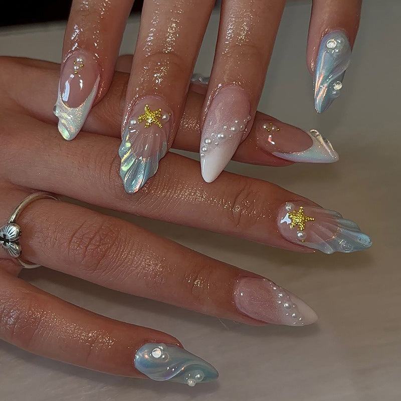 Ocean Breeze Long Almond Press On Nail Set Blue Ombre with Starfish and Pearls
