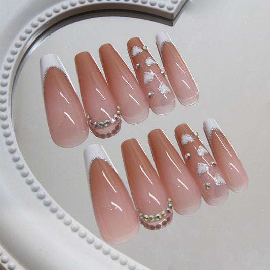 Chic Romantic Blush Long Coffin Press On Nail Set with Glittering Heart Accents and French Tip Design