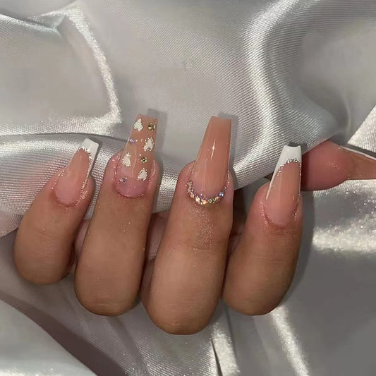 Charming Garden Long Coffin Blush Pink Press On Nail Set with Glittering Accents and Floral Designs