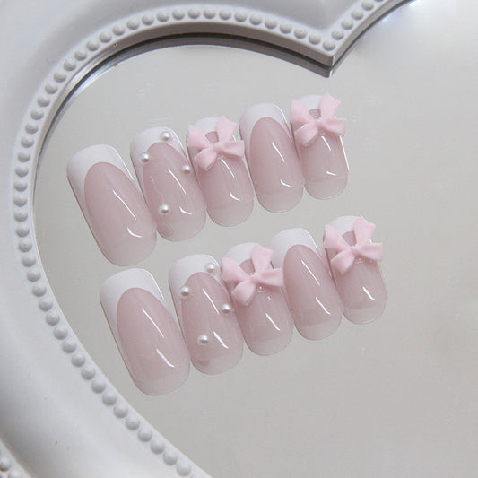 Charming Pastel Dream Long Oval Pink Press On Nail Set with Cute Bow and Pearl Accents