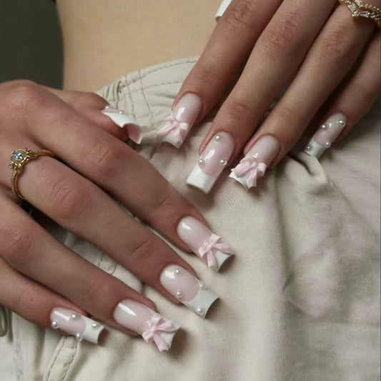 Charming Pastel Dream Long Square Pink and White Press On Nail Set with Bow and Pearl Accents