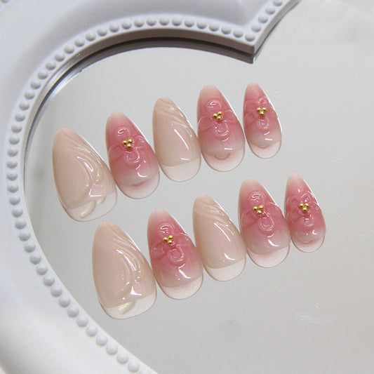 Elegant Blossom Press On Nail Set long almond shaped pink and Beige with floral design and gold accents