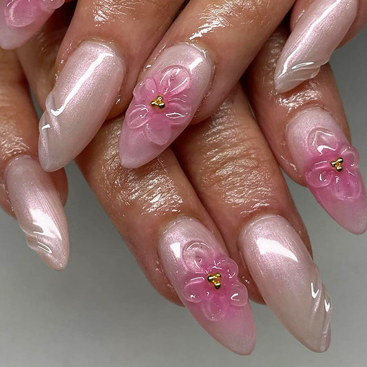 Blooming Elegance Long Almond Pink Ombre Press On Nails with Flower Embellishments