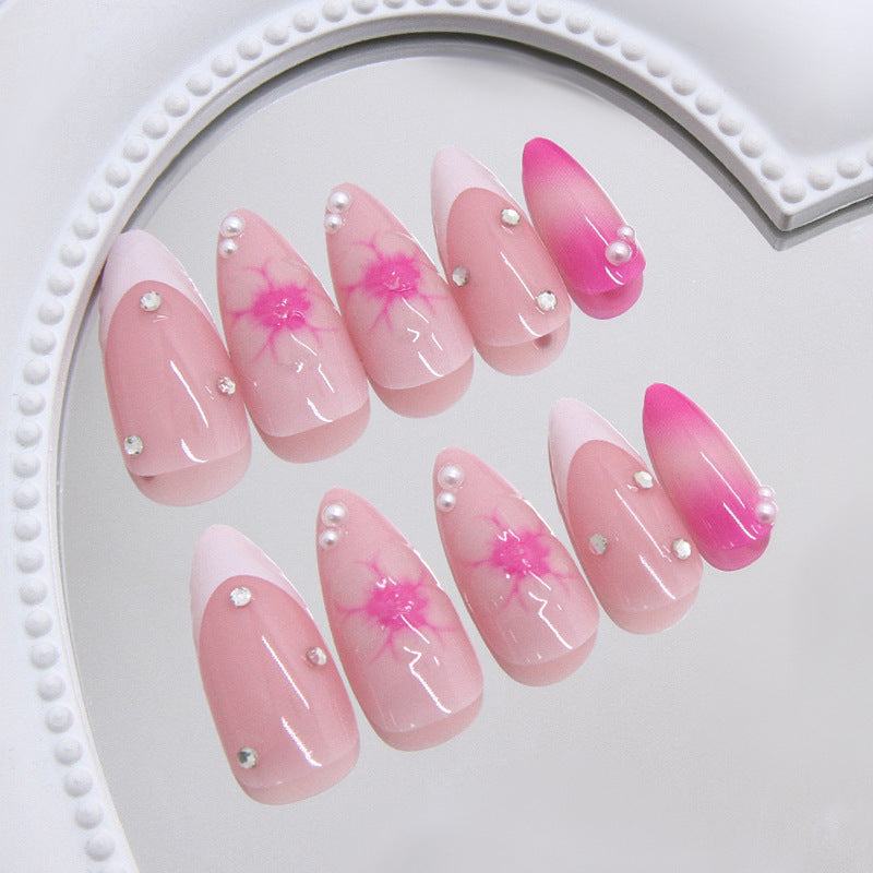 Blossom Dreams Long Almond Pink Gradient Press On Nail Set with Floral Accents and Pearl Embellishments