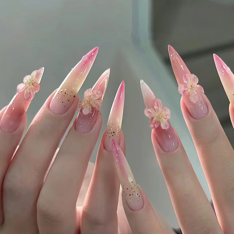 Blossoming Elegance Long Stiletto Gradient Pink Press On Nail Set with Floral Embellishments