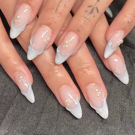 Enchanting Ocean Dream Long Almond Shape Sky Blue and White Press On Nail Set with Pearl Accents