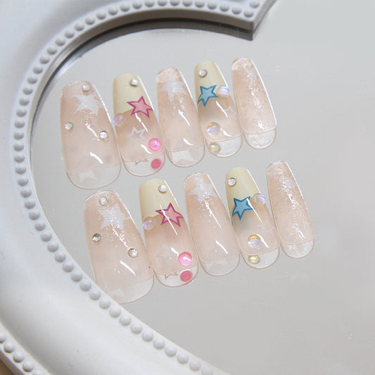 Celestial Dreams Long Square Pink Clear Press On Nail Set with Star and Gem Accents