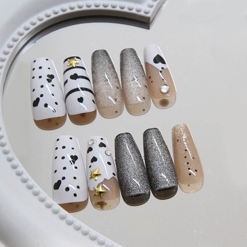 Chic Love Story Square Press On Nail Set in Black and White with Glitter Fade and Star Accents