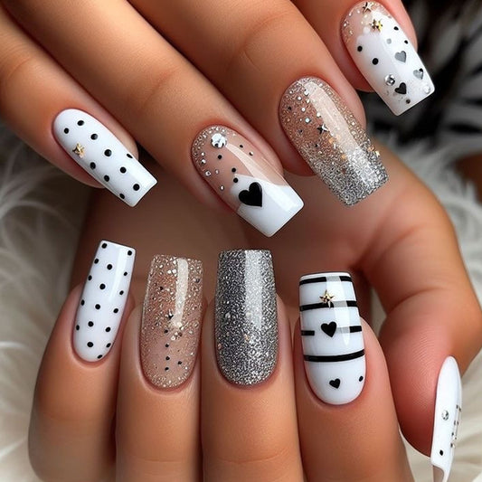 Chic Glamour Long Square White Black and Glitter Press On Nail Set with Heart and Star Accents