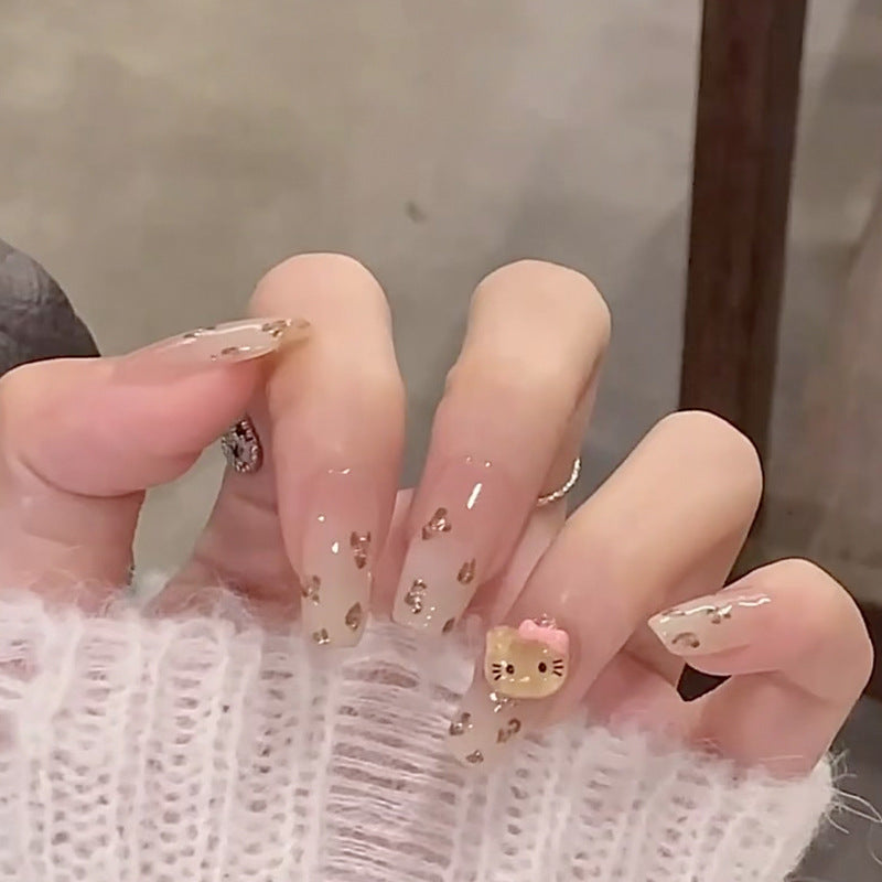 Cute Kitty Theme Long Coffin Beige Press On Nail Set With Leopard Print And Adorable 3D Charm
