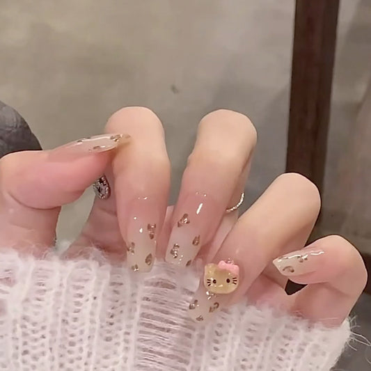 Cute Kitty Theme Long Coffin Beige Press On Nail Set With Leopard Print And Adorable 3D Charm