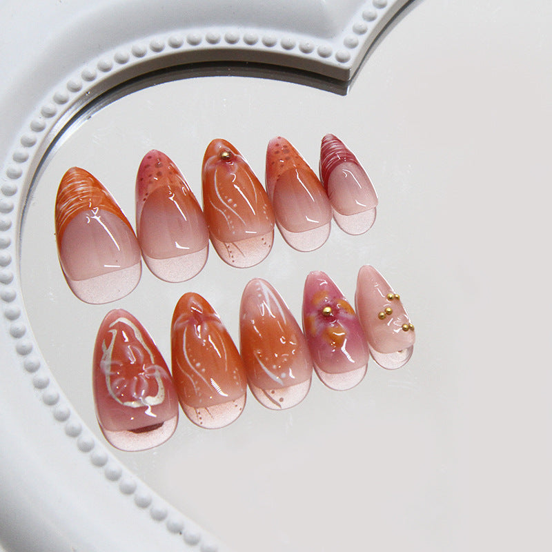 Dreamy Sunset Gradient Almond Press On Long Nail Set in Soft Coral with Gold Accent Details