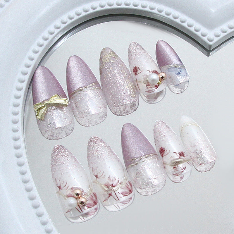 Enchanted Floral Elegance Medium Almond Lilac Glitter Press on Nail Set with Delicate Pearl and Bow Accents