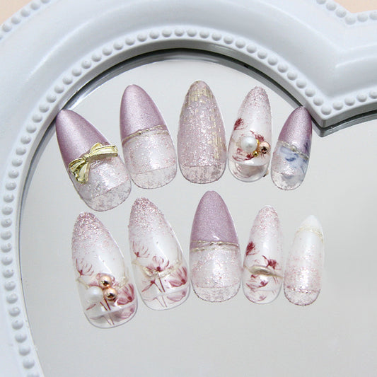 Romantic Floral Glimmer Medium Almond Lavender Nail Set with Elegant Bow and Pearl Accents