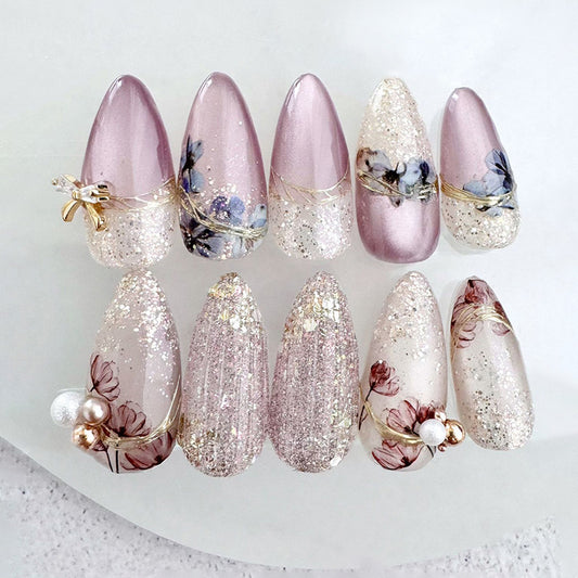 Whimsical Floral Elegance Shimmery Medium Almond Purple Pink Glittery Nail Set