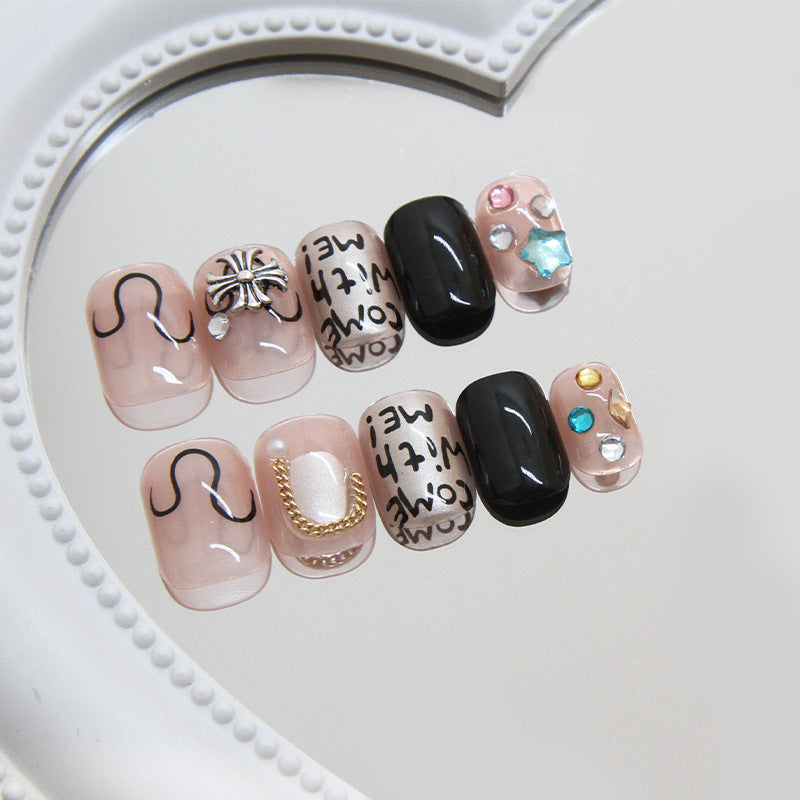Elegant Night Out Press On Nail Set Medium Square Beige and Black with Glamorous Rhinestone and Chain Accents