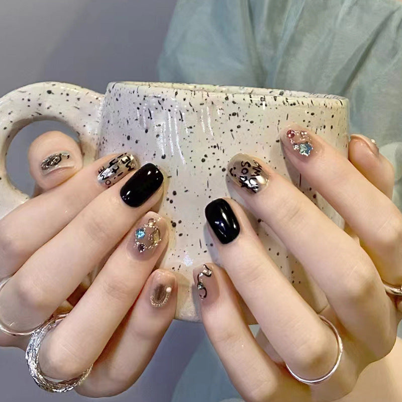 Chic Urban Vibes Medium Square Shape Black and Beige Press On Nail Set with Eye-Catching Gems and Artistry