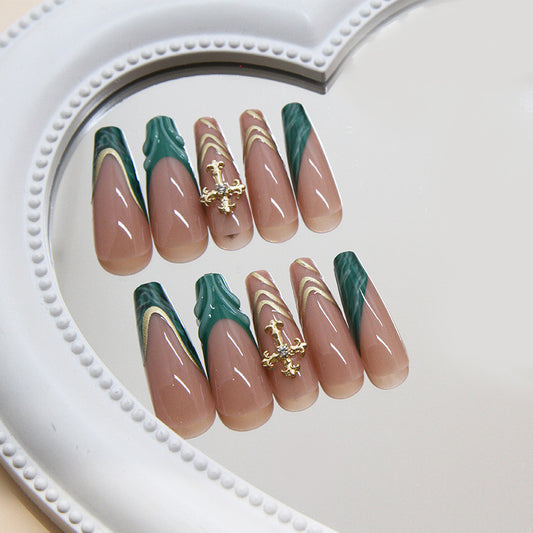 Elegant Oceanic Dream Long Coffin Shaped Pastel Pink and Green Marble Press-On Nail Set with Unique Gold Accent