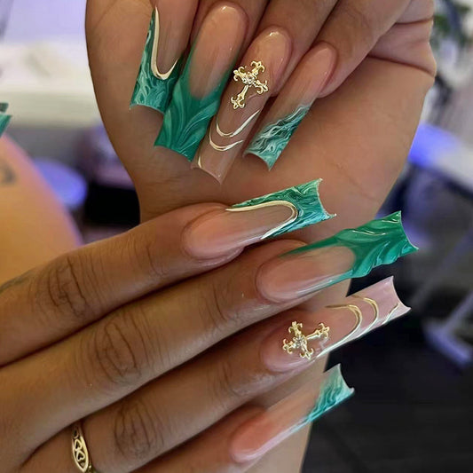 Tropical Vibe Long Square Green Swirl Press on Nail Set with Unique Metallic Accent