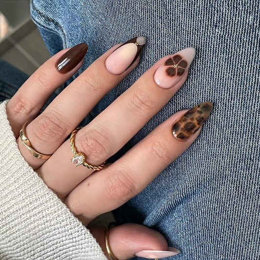 Wild Safari Chic Press on Nail Set in Medium Almond Shape Rich Brown and Tan Tones with Unique Leopard Design
