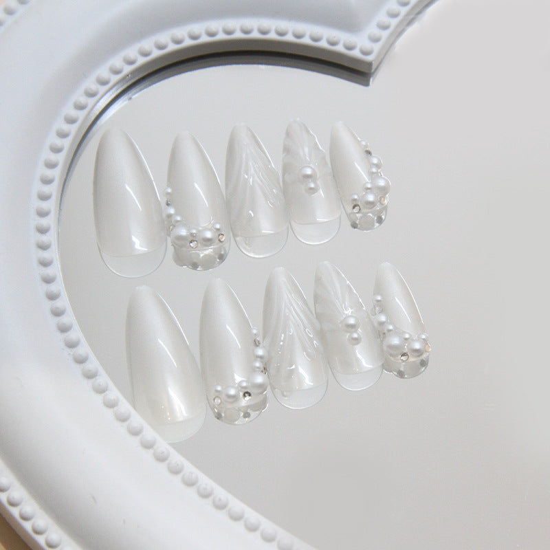 Elegant Fairy Tale Medium Almond White Nail Set with Pearl Accents