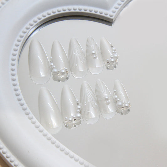 Elegant Fairy Tale Medium Almond White Nail Set with Pearl Accents