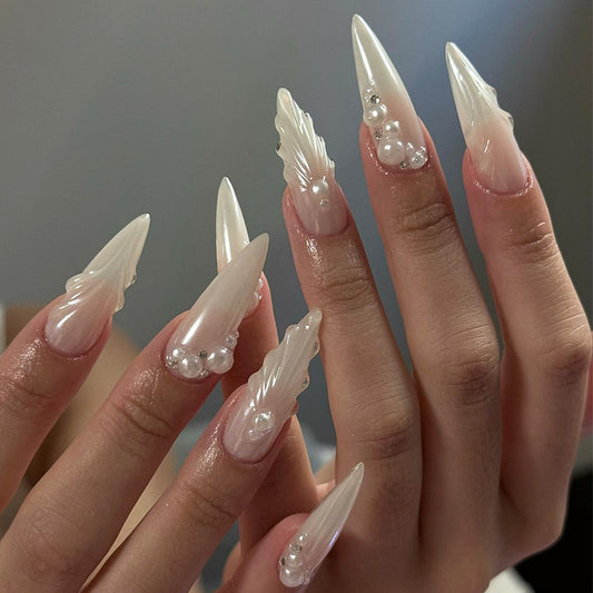 Elegant Enchantment Long Stiletto White Press-On Nail Set with Pearl Accents