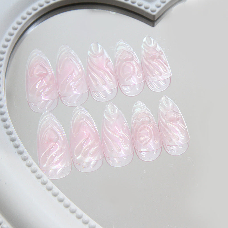 Glamorous Dreamy Pink Swirl Medium Almond Press-On Nail Set with Unique Marbled Design