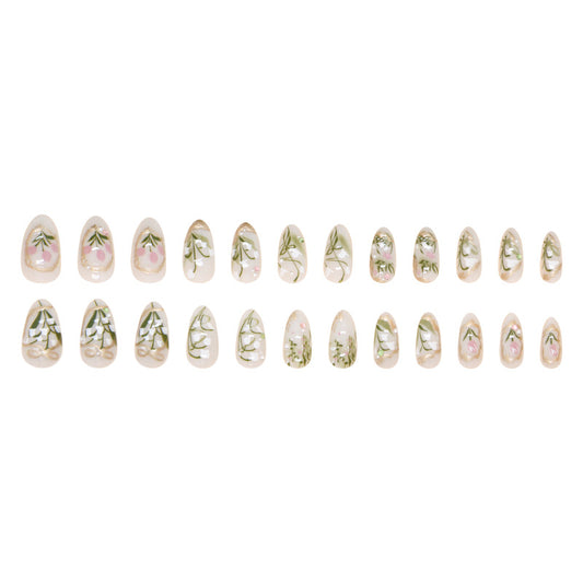 Garden Whisper Elegant Short Almond Shaped Soft Pink and Green Press-On Nail Set with Delicate Floral Design